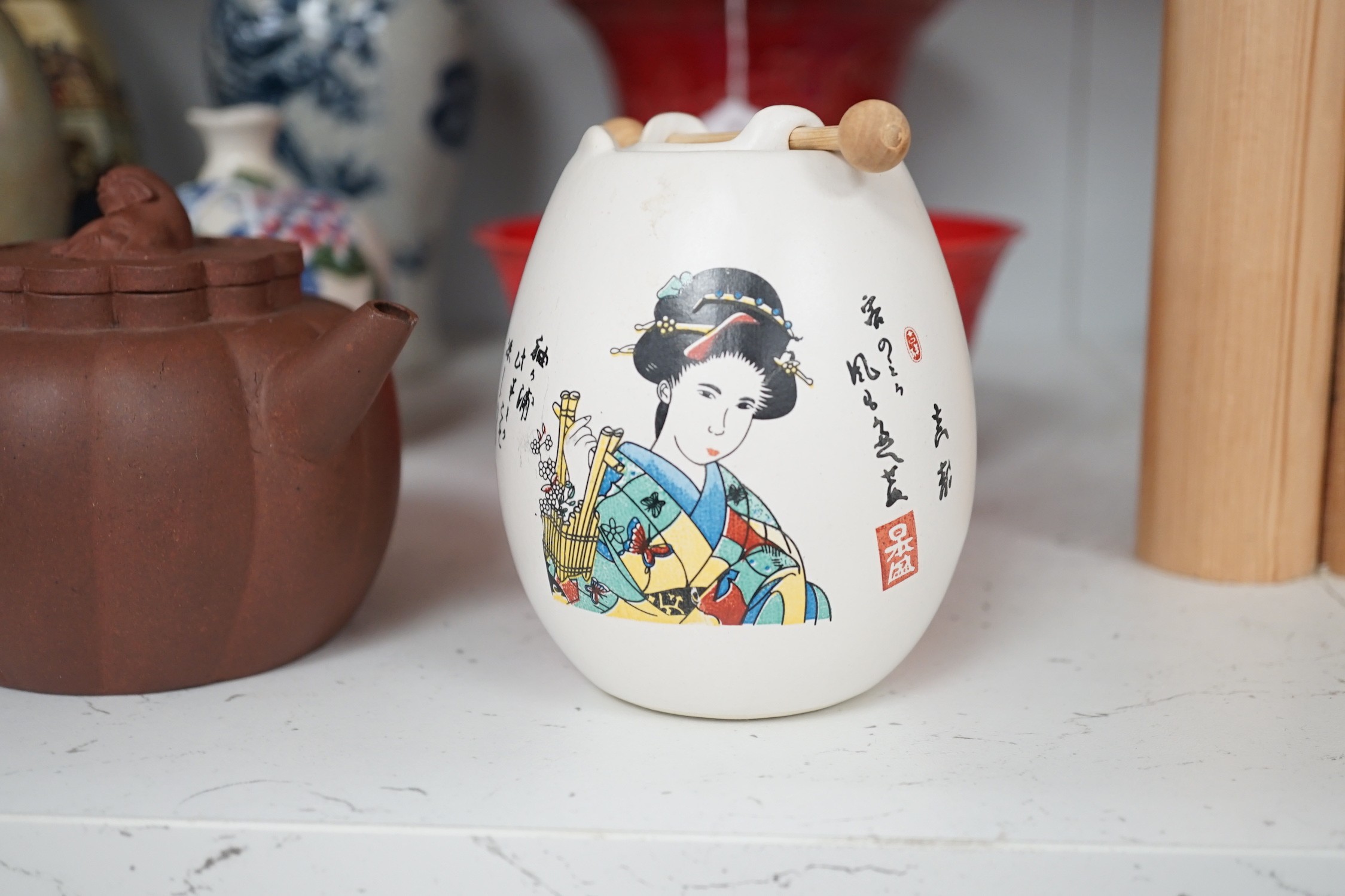 A Chinese blue and white dragon crackle glaze vase, together with a group of Chinese and Oriental ceramics. Tallest 23cm